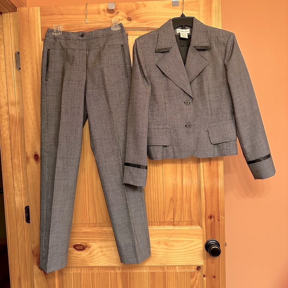 Harve Benard 100% Wool Pant Suit-Black and White with Black Leather Trim.